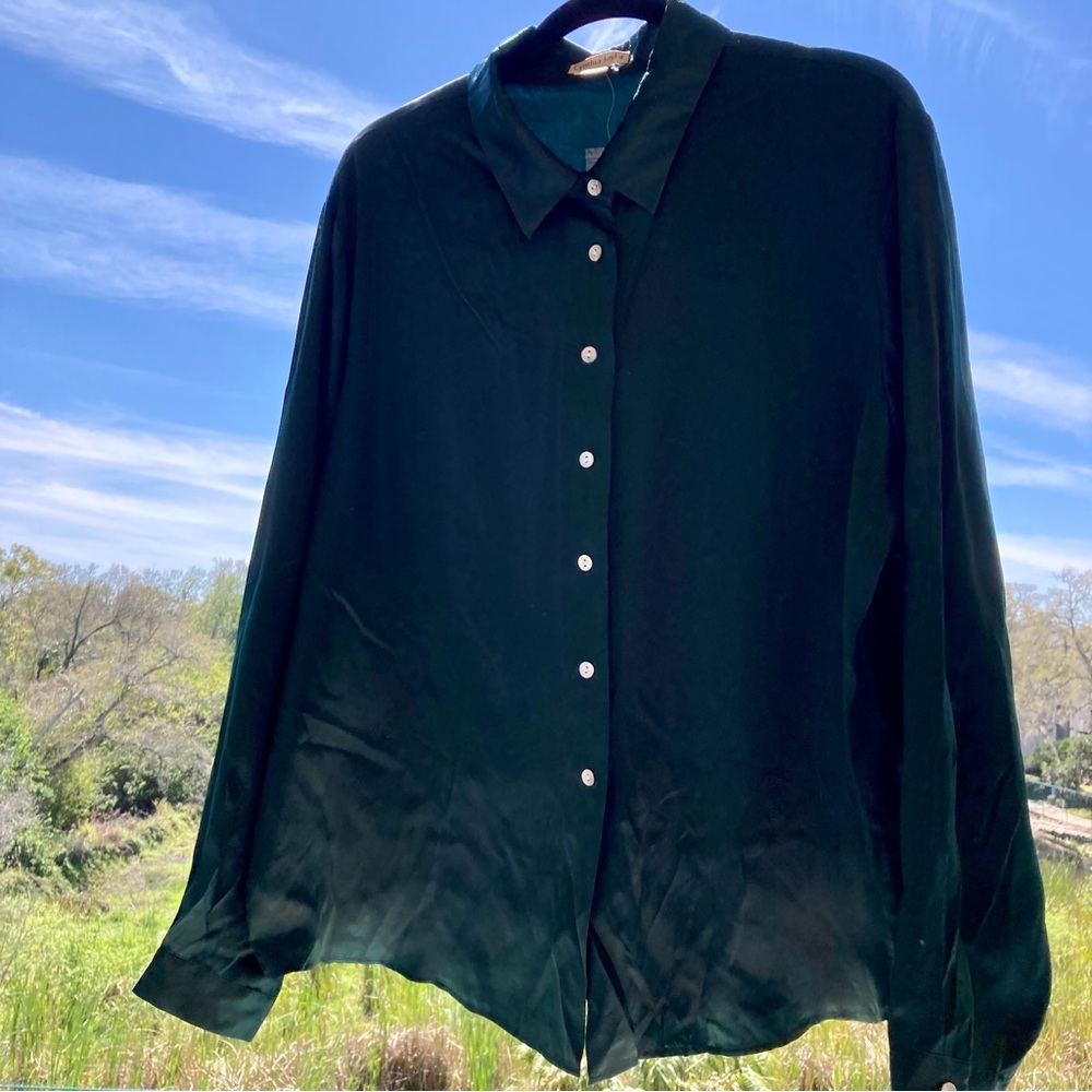 CYNTHIA TAYLOR BLOUSE Silk Button Down Long Sleeve VINTAGE RETRO GREEN 1X NEW
